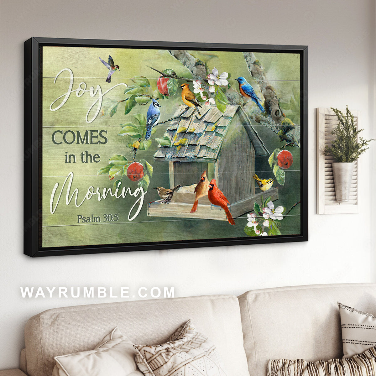 Cute birdhouse, Colorful bird drawing, Joy comes in the morning - Jesus Landscape Canvas Prints, Christian Wall Art