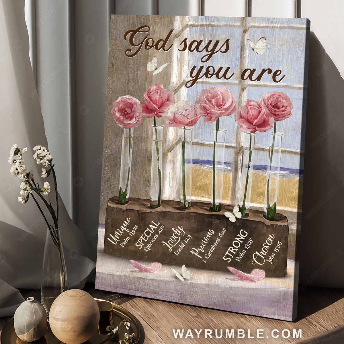 Stunning pink rose, Unique vase, White butterfly, God says you are unique - Jesus Portrait Canvas Prints, Home Decor Wall Art