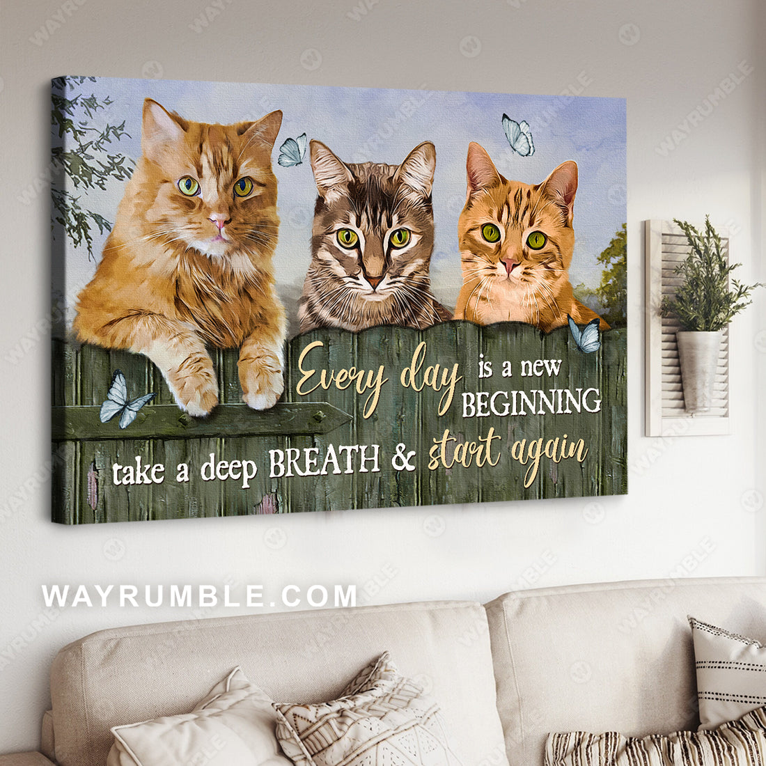 Cat drawing, Green fence, Pretty butterfly, Every day is a new beginning - Jesus Landscape Canvas Prints, Christian Wall Art