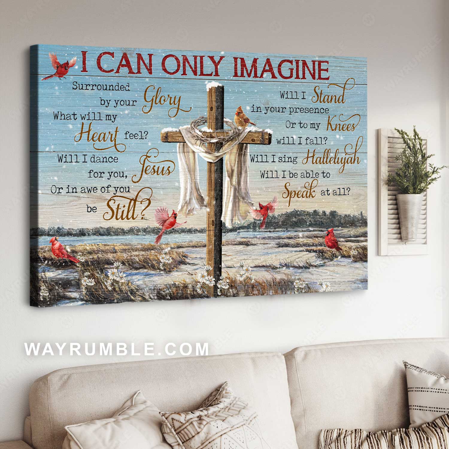 Beautiful lake, Stunning cross, Cardinal painting, I can only imagine - Jesus Landscape Canvas Prints, Home Decor Wall Art