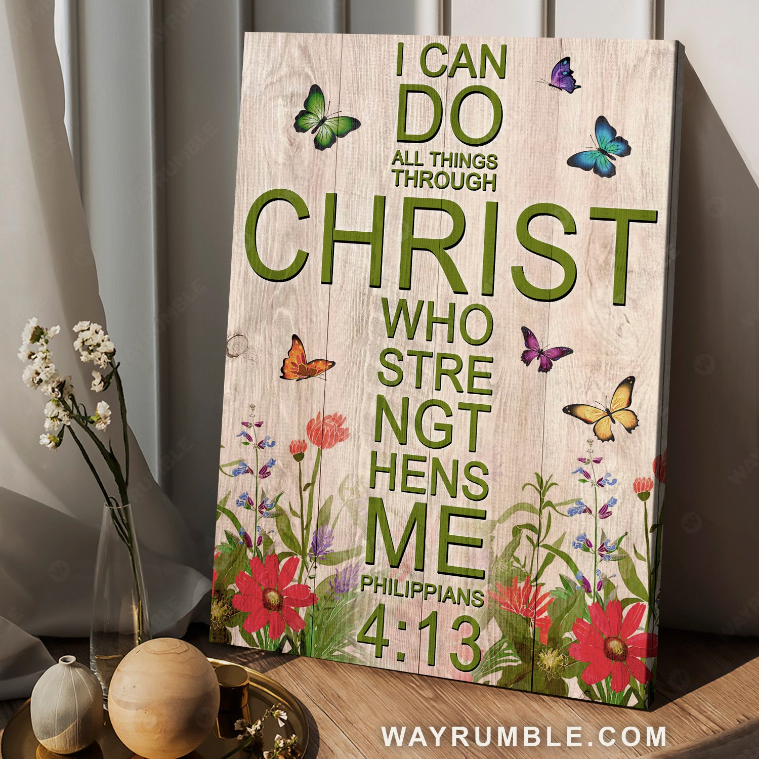Pretty garden, Colorful butterfly, I can do all things through Christ - Jesus Portrait Canvas Prints, Christian Wall Art