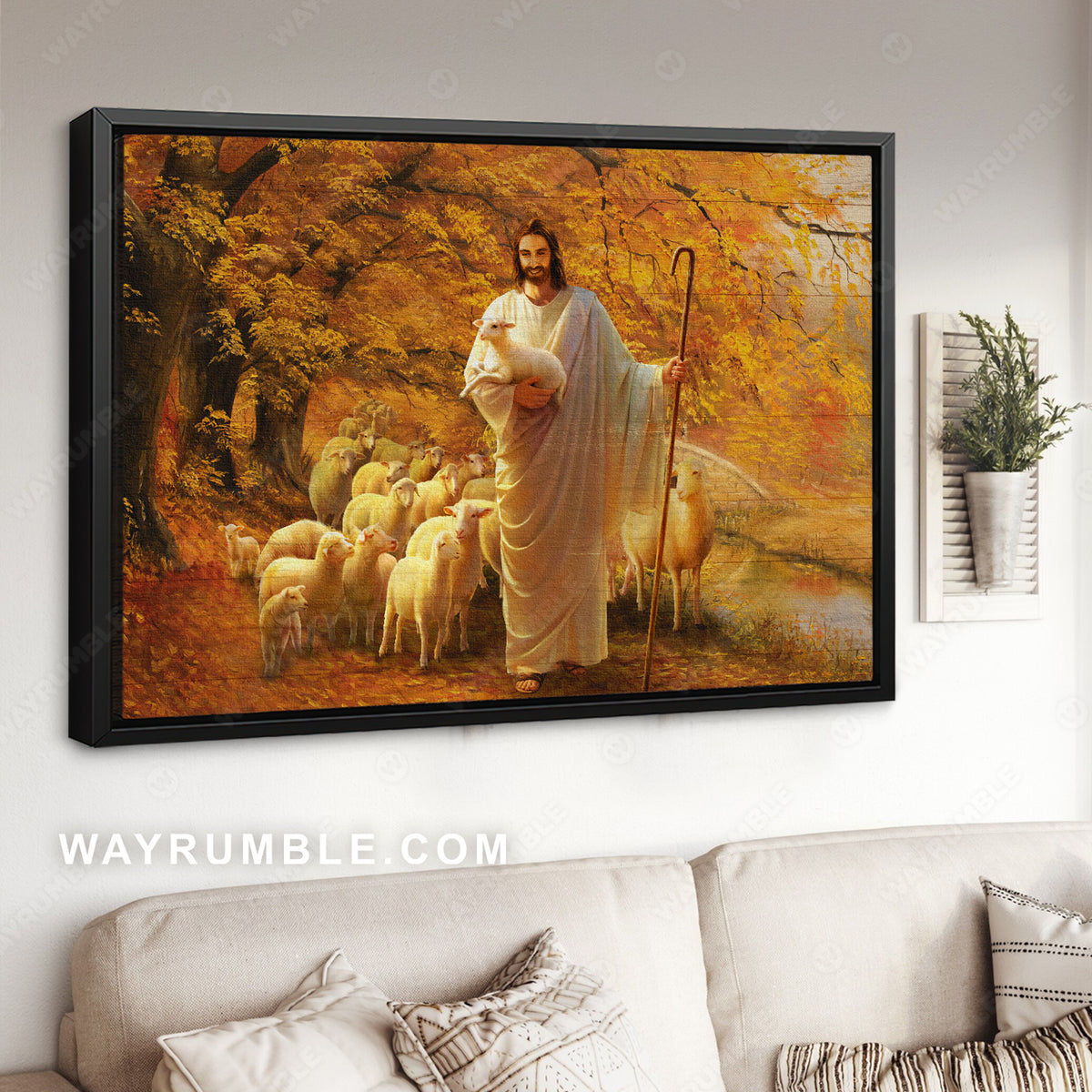 Pretty autumn forest, Lamb drawing, Walking with Jesus - Jesus Landscape Canvas Prints, Christian Wall Art