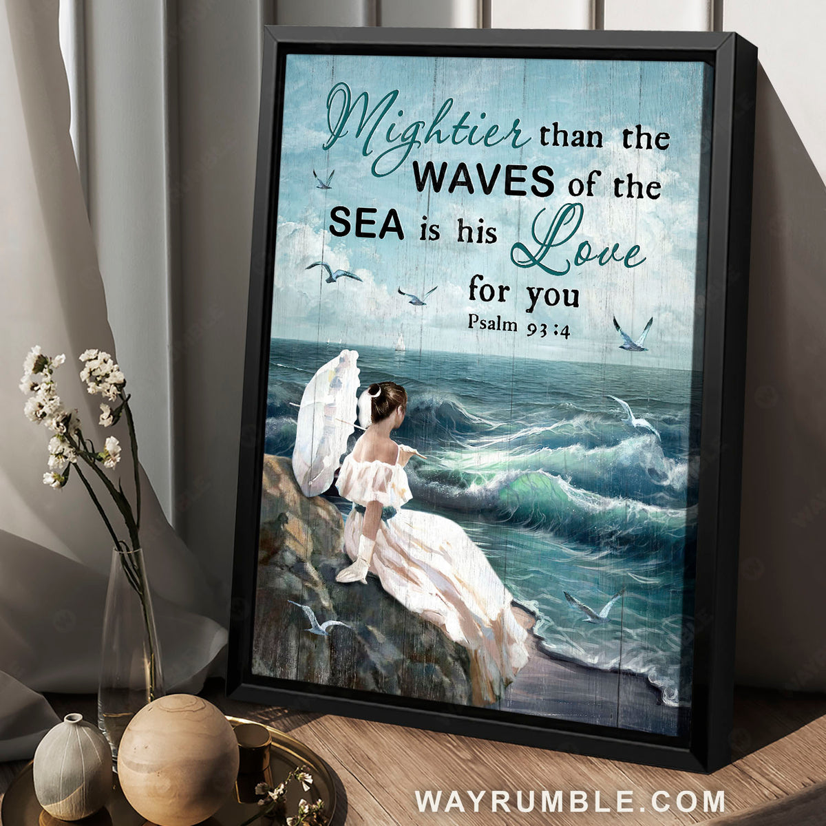 White dress, Bride painting Ocean waves, Mightier than waves is his love - Jesus Portrait Canvas Prints, Christian Wall Art