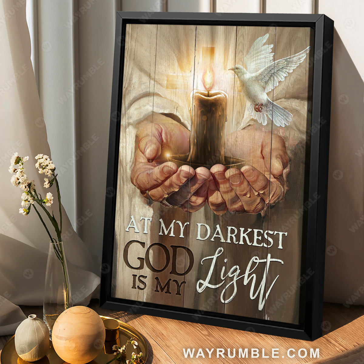 Jesus hands, Candle, White dove, At my darkest, God is my light - Jesus Portrait Canvas Prints, Christian Wall Art