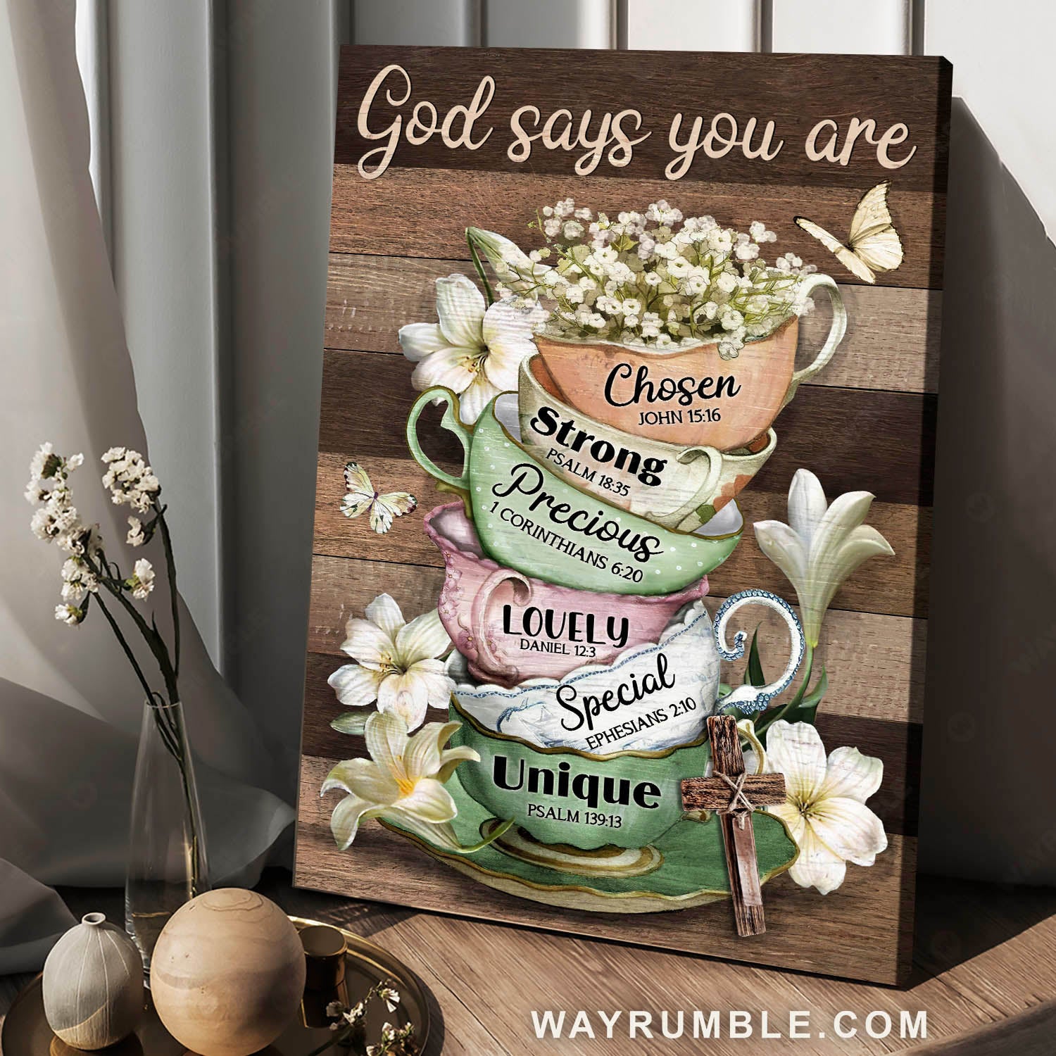 Vintage tea cup, Lily flower, White butterfly, God says you are - Jesus Portrait Canvas Prints, Christian Wall Art