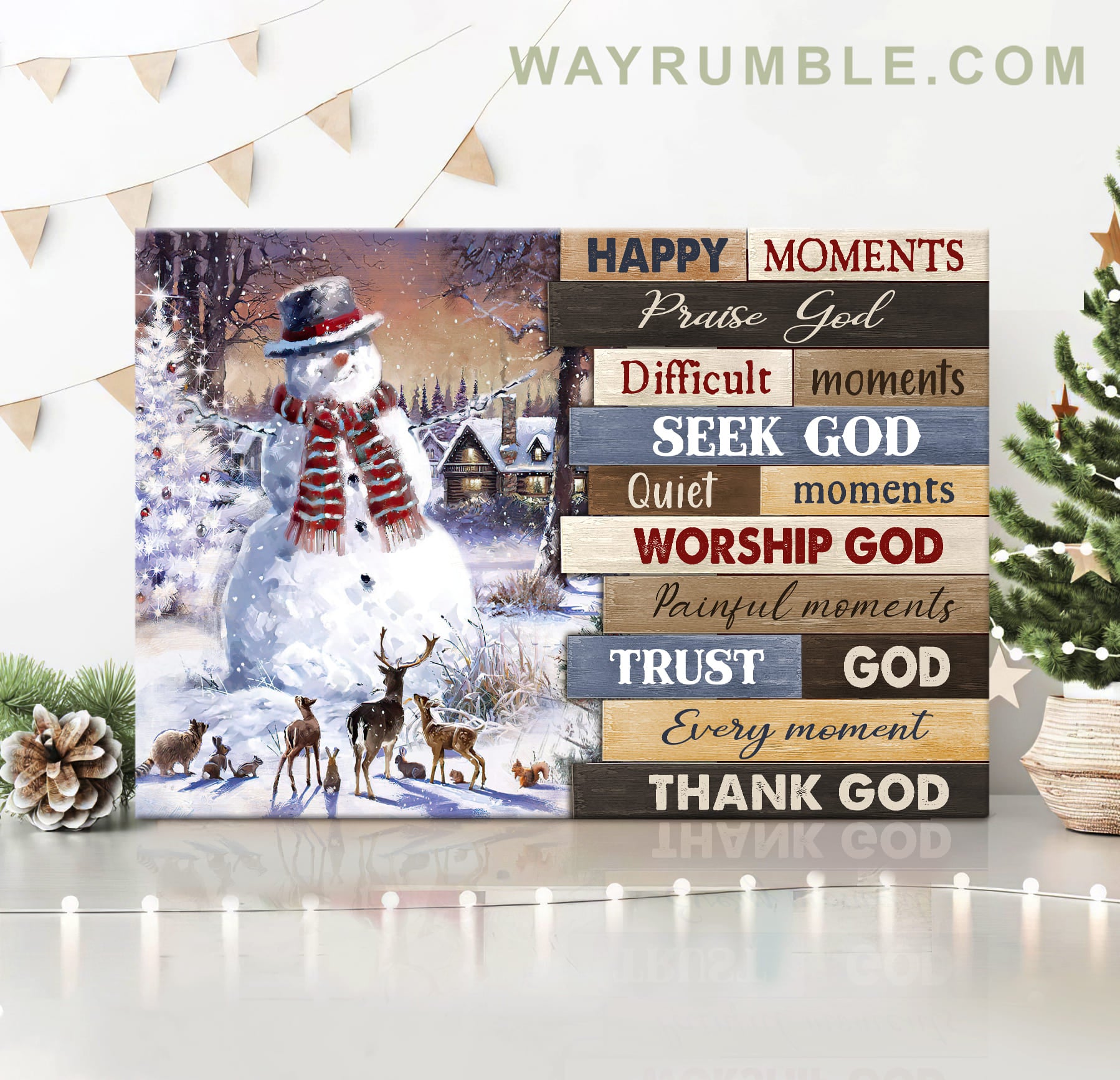 Snowman, Christmas, Deer, Happy moments praise God, difficult moments seek God - Jesus Landscape Canvas Prints, Wall Art