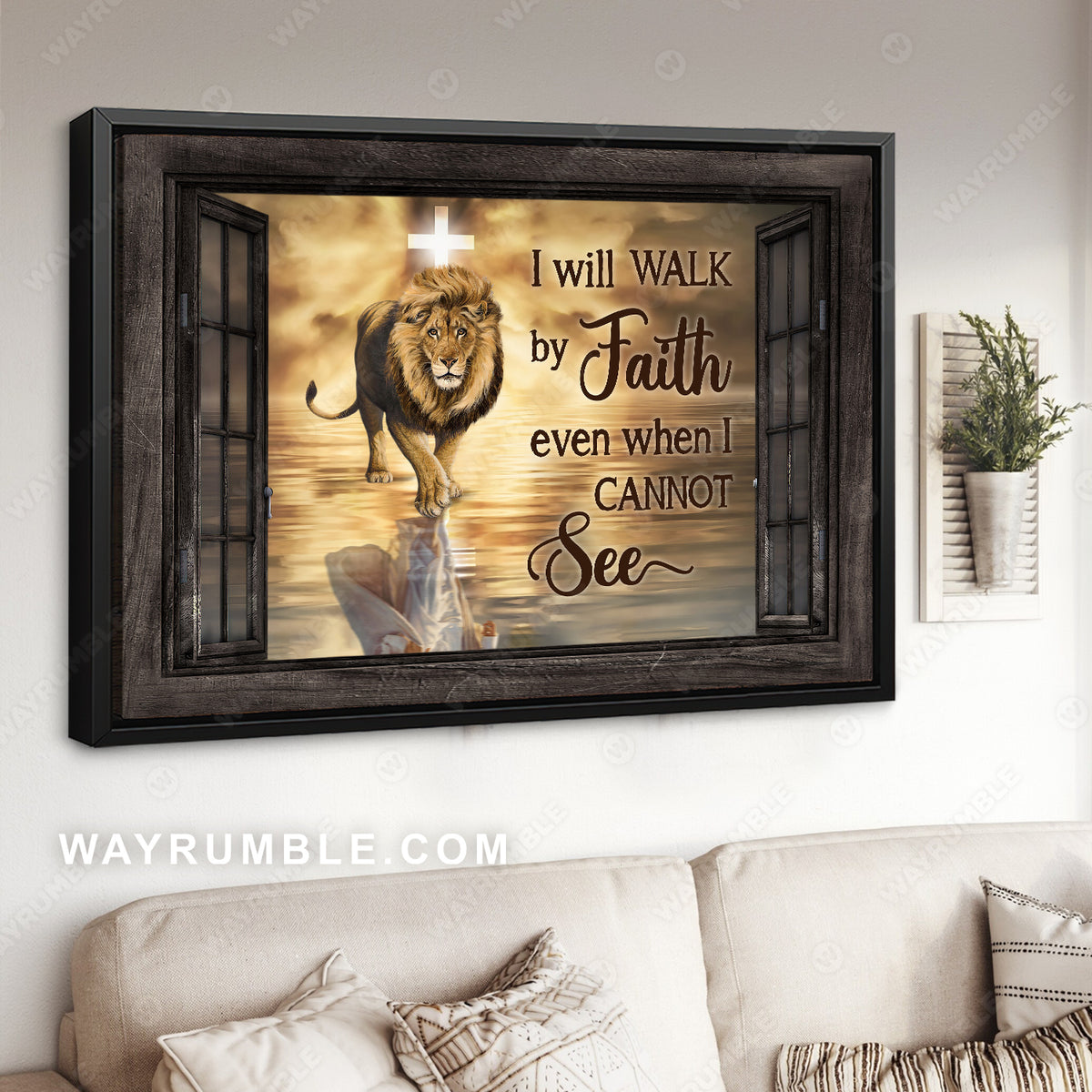 Beautiful lion, Light cross, Walking on water, I will walk by faith - Jesus Landscape Canvas Prints, Home Decor Wall Art