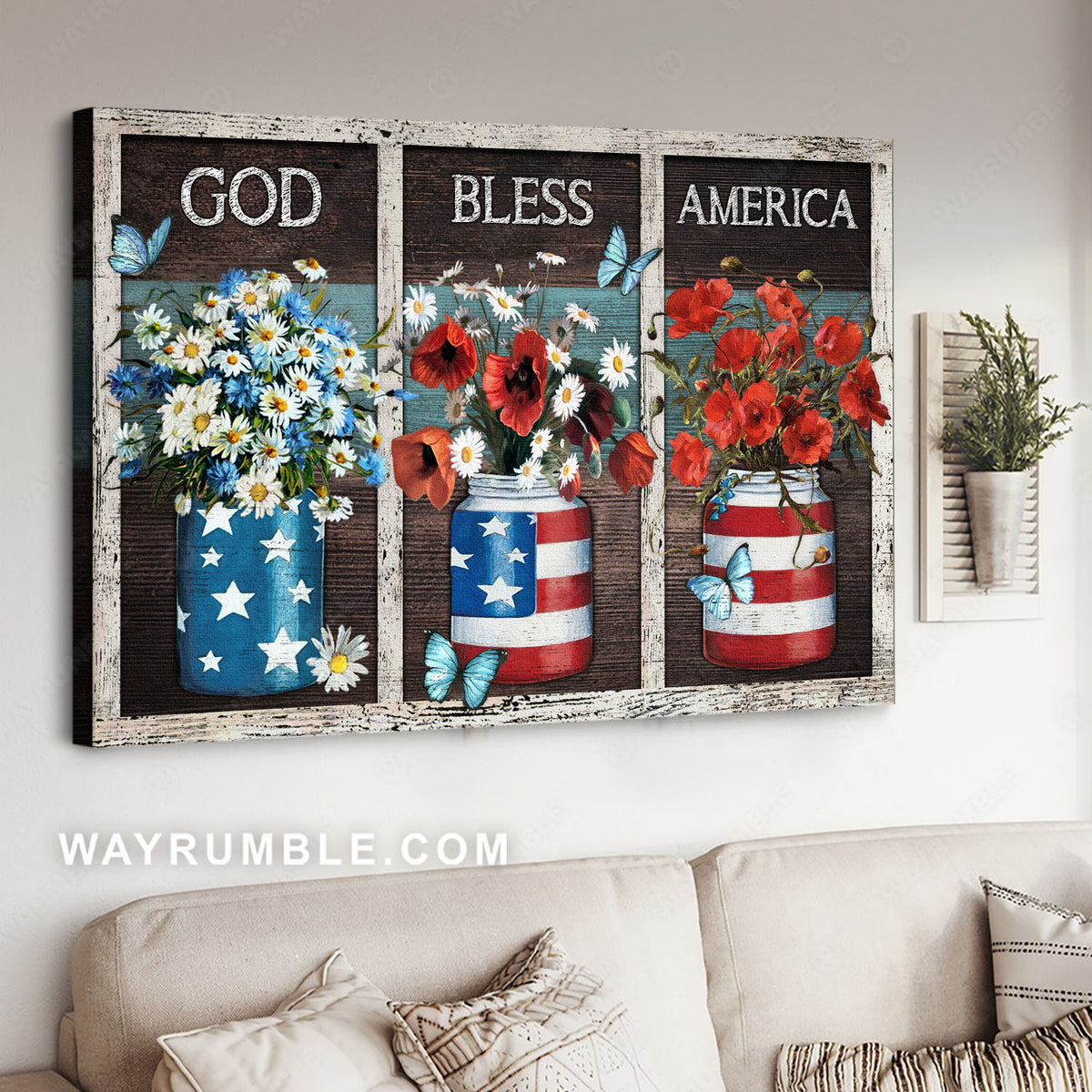 Daisy flowers, Red flowers, Blue butterfly, Flower vases, God bless America - Jesus Landscape Canvas Prints, Christian Wall Art