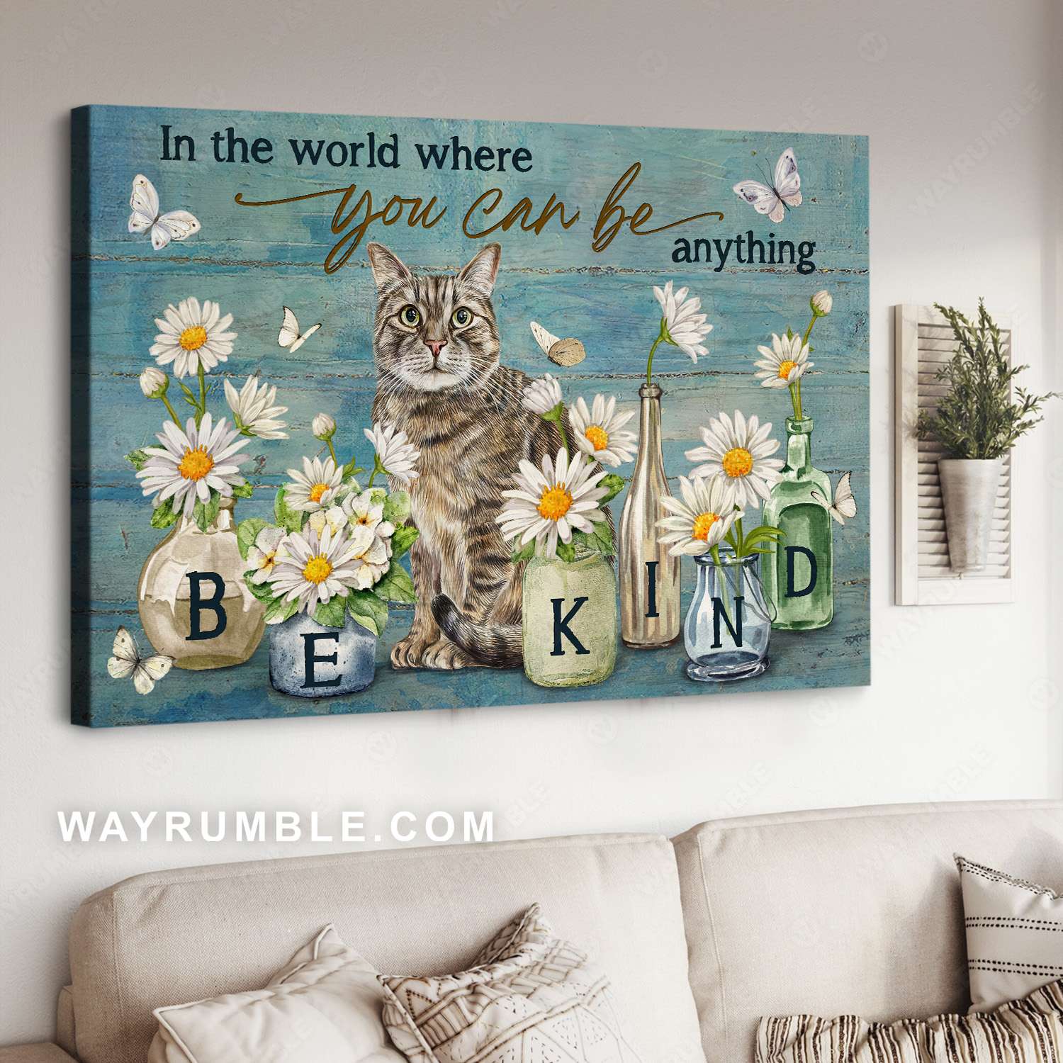 Tabby cat, Daisy flowers, Glass vase, You can be anything - Jesus Landscape Canvas Prints, Christian Wall Art