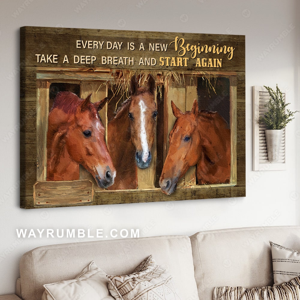 Brown horses painting, Jesus drawing, Sunny day, Every day is a new beginning - Jesus Landscape Canvas Prints, Wall Art