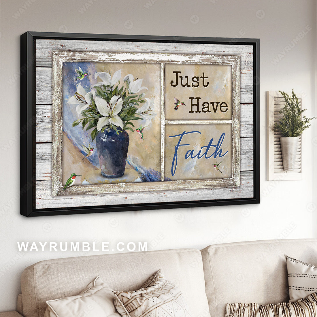 Watercolor lily flower, Ceramic vase, Colorful hummingbird, Just have faith - Jesus Landscape Canvas Prints, Christian Wall Art