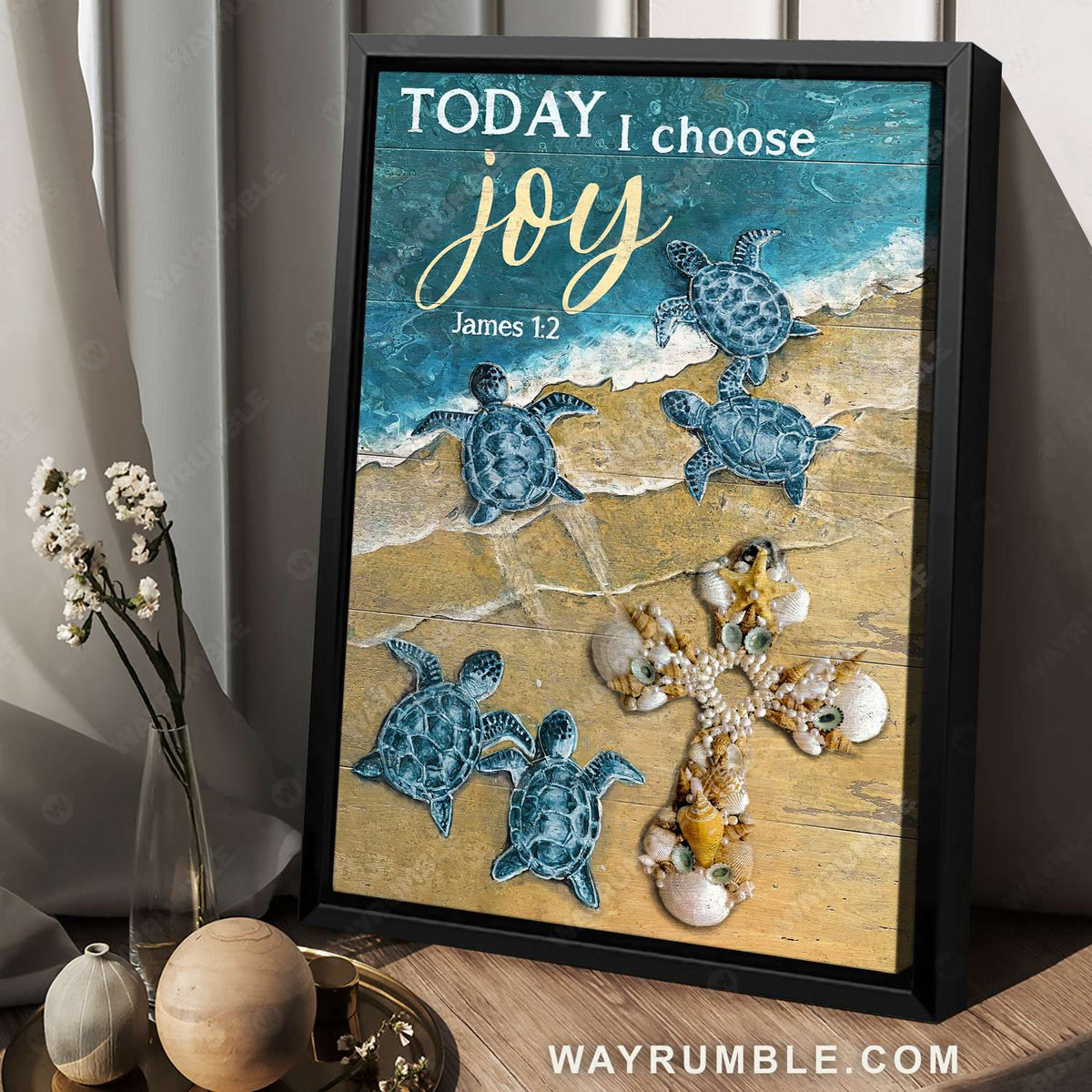 Blue turtle, Cross symbol, Beach painting, Today I choose joy - Jesus Portrait Canvas Prints, Christian Wall Art
