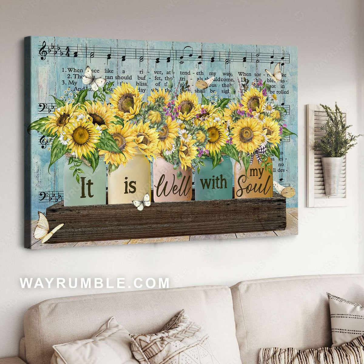 Sunflower and daisy, Mason jars, Music sheet, It is well with my soul - Jesus Landscape Canvas Prints, Christian Wall Art