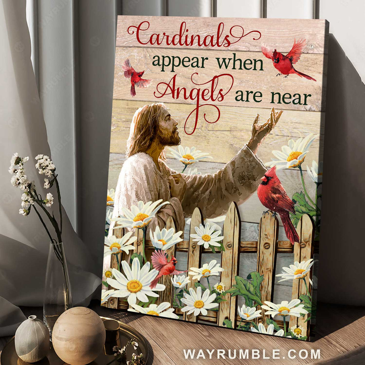 Walking with Jesus, Red cardinal, Cardinals appear when angels are near - Jesus Portrait Canvas Prints, Christian Wall Art