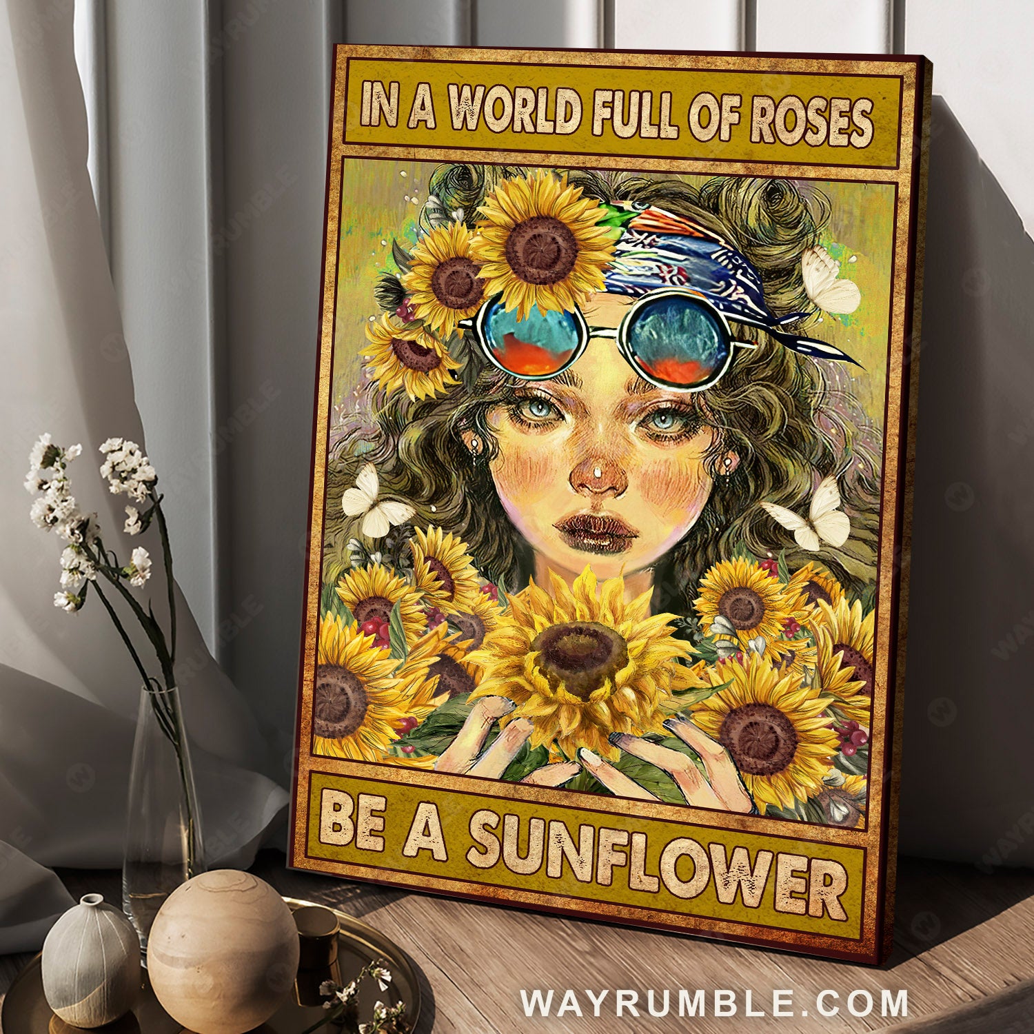 Hippie girl, Bandana headband, Sunflower, In a world full of roses - Jesus Portrait Canvas Prints, Christian Wall Art