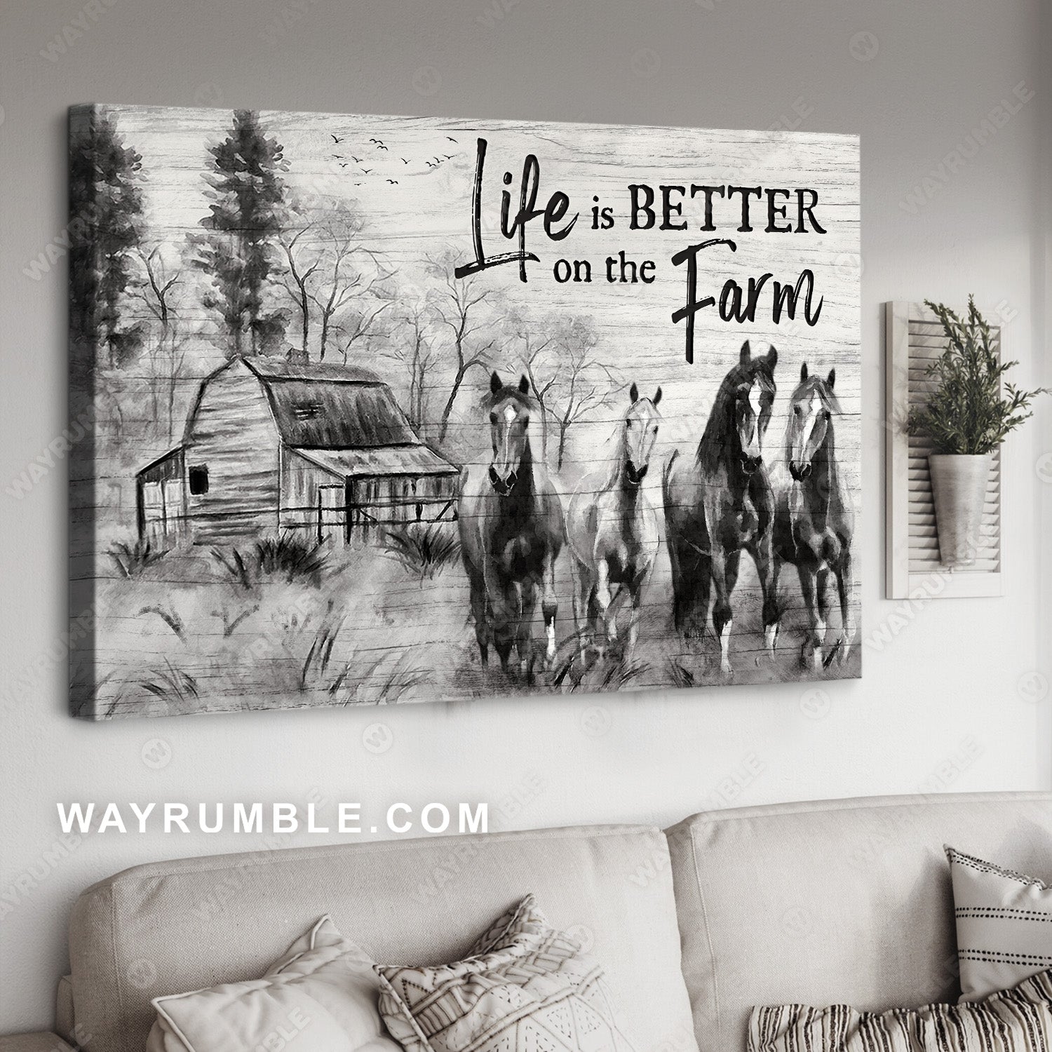 Running horse, Black and white drawing, Life is better on the farm - Jesus Landscape Canvas Prints, Home Decor Wall Art