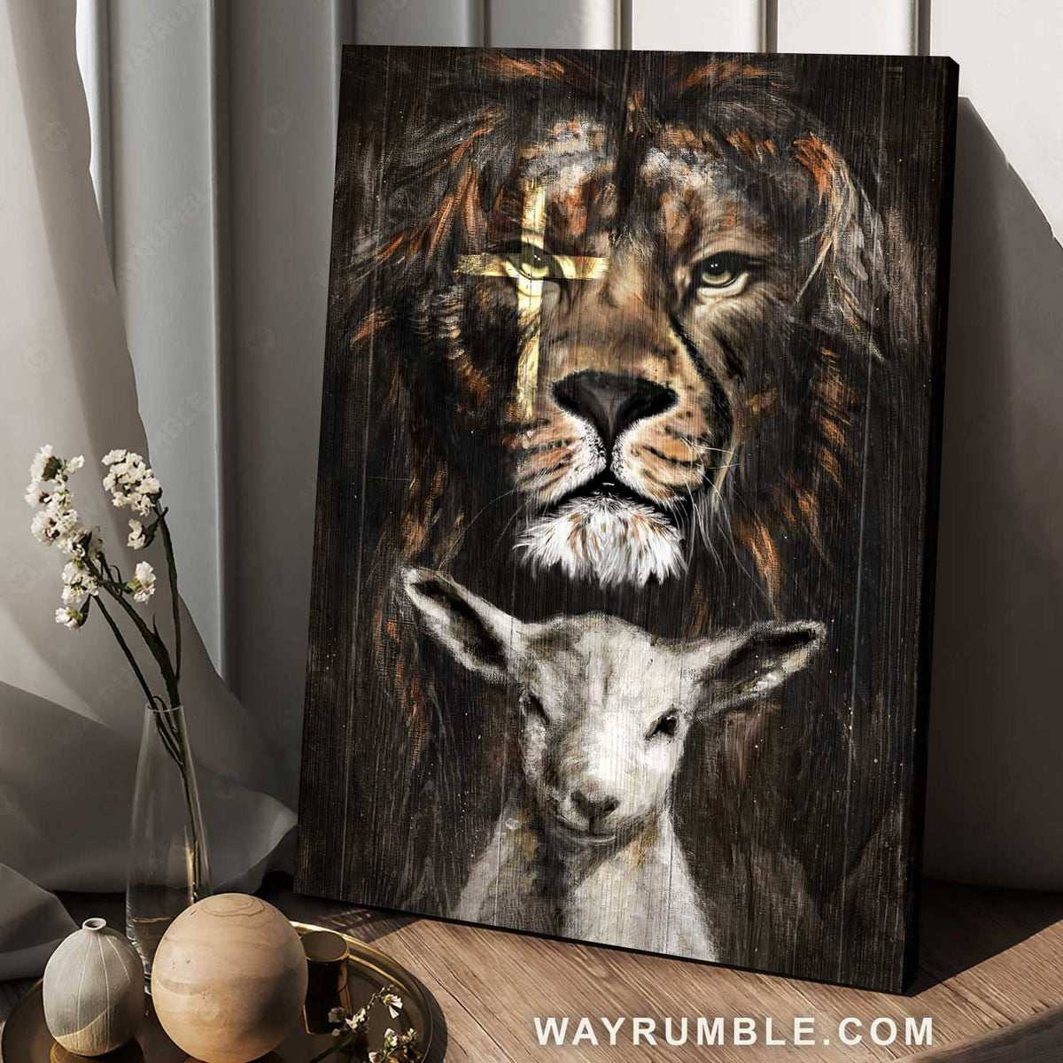 Yellow cross, Angry lion of Judah, Little lamb artwork - Jesus Portrait Canvas Prints, Home Decor Wall Art