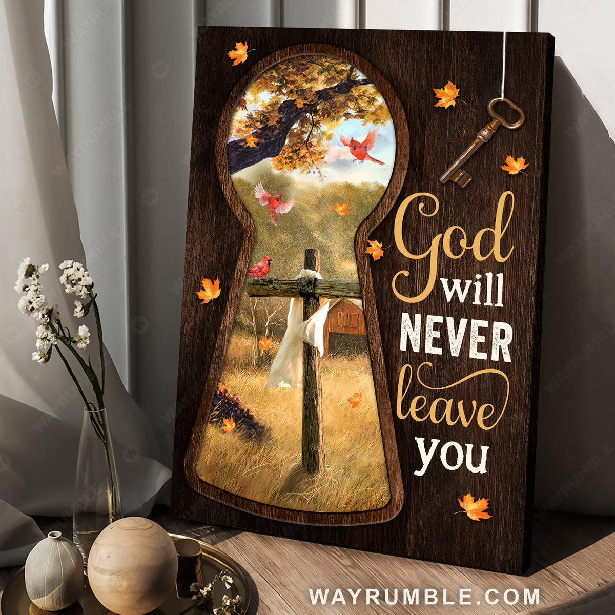 Autumn vibe, Wooden cross, Red cardinal, God will never leave you - Jesus Portrait Canvas Prints, Home Decor Wall Art