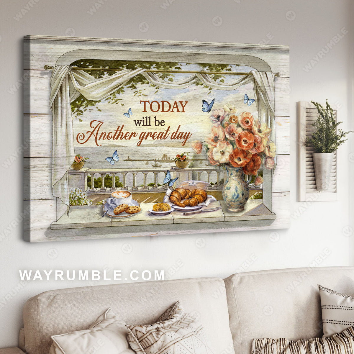 Afternoon tea, Vintage painting, Window view, Sea view painting, Today will be another great day - Jesus Landscape Canvas Prints, Christian Wall Art