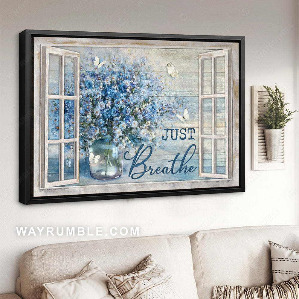 Blue daisy vase, Crystal vase, White butterfly, Just breathe - Jesus Landscape Canvas Prints, Christian Wall Art