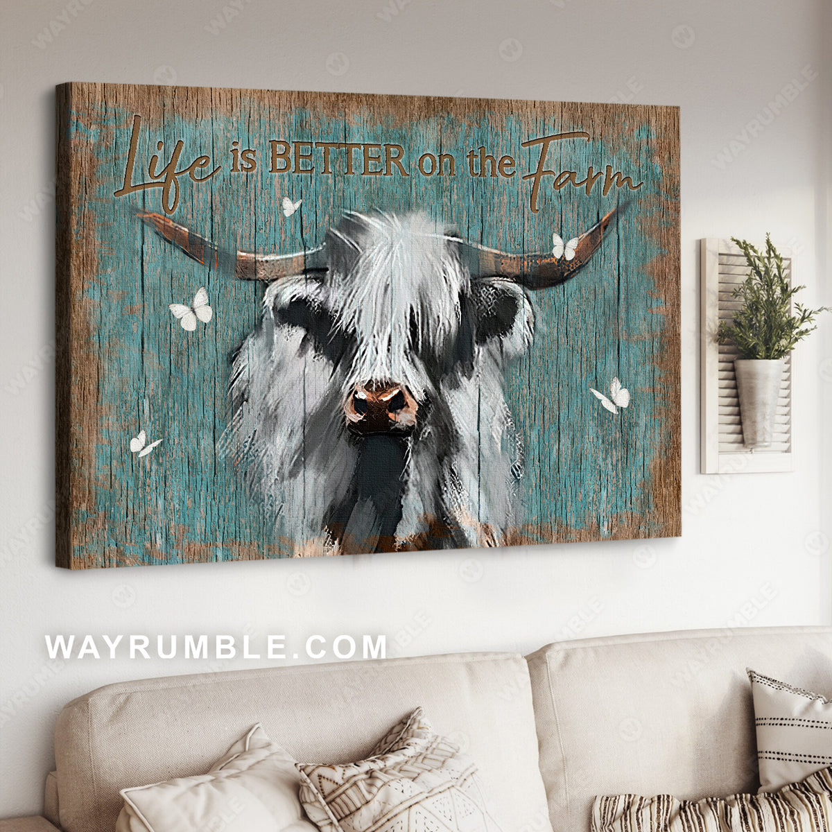 Stunning cow, White butterfly, Mint background, Life is better on the farm - Jesus Landscape Canvas Prints, Home Decor Wall Art