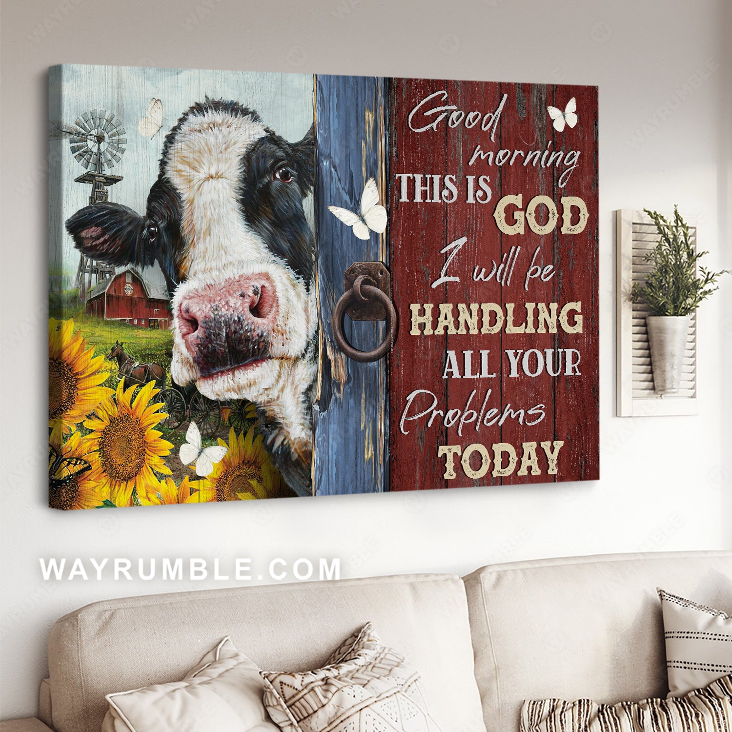 Amazing dairy cow, Sunflower garden, Good morning, This is God - Jesus Landscape Canvas Prints, Christian Wall Art