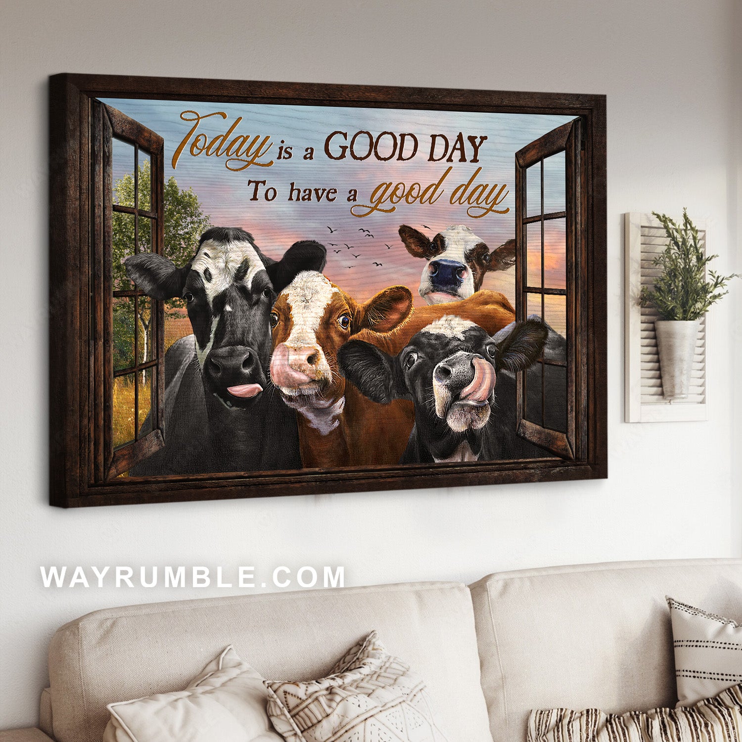 Beautiful dairy cow, Colorful sunset, Pretty scene, Today is a good day - Jesus Landscape Canvas Prints, Home Decor Wall Art