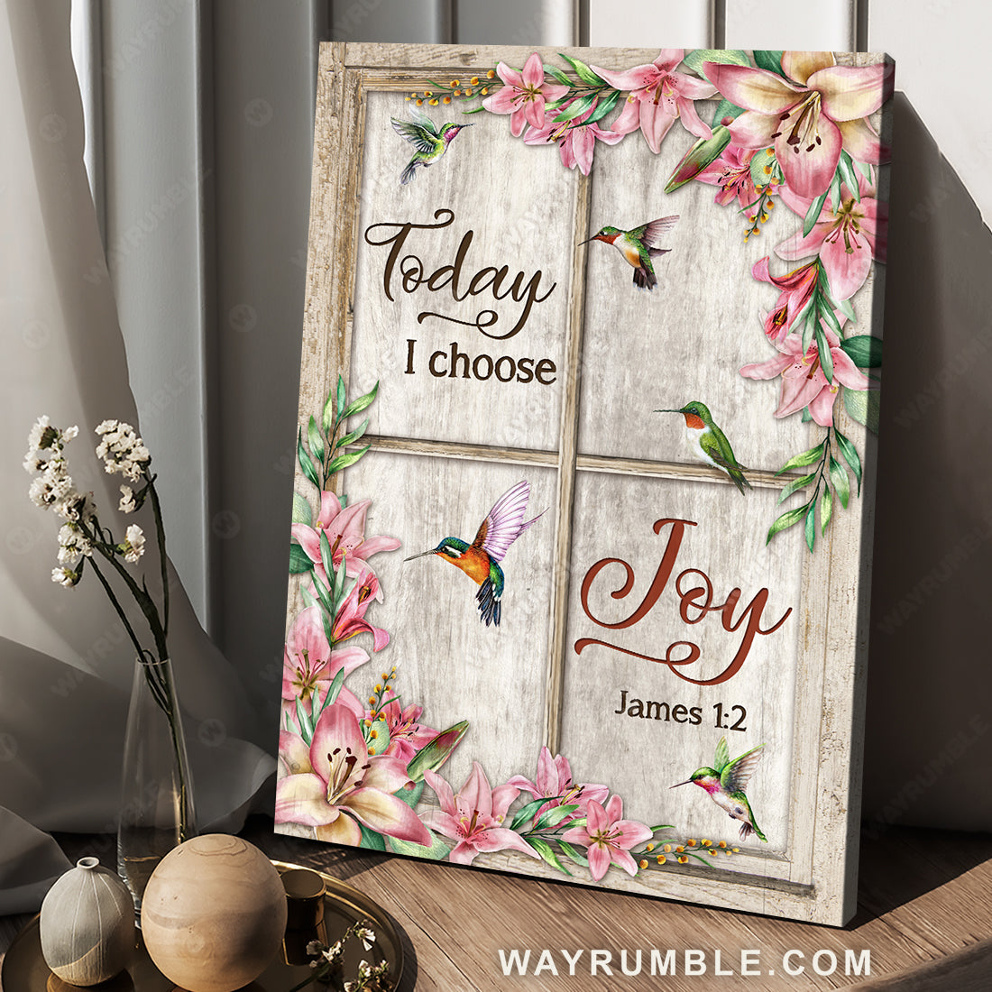 Pink lily flower, Colorful hummingbird, Today I choose joy - Jesus Portrait Canvas Prints, Christian Wall Art