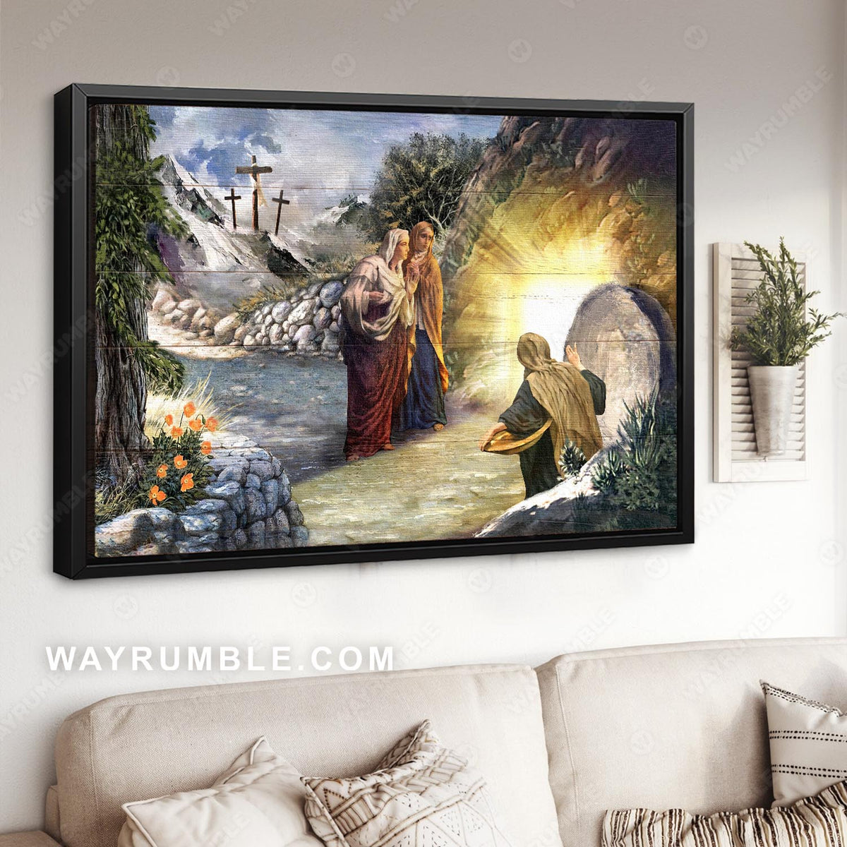 Mountain landscape, Cave painting, Cross light from heaven - Jesus Landscape Canvas Prints, Christian Wall Art