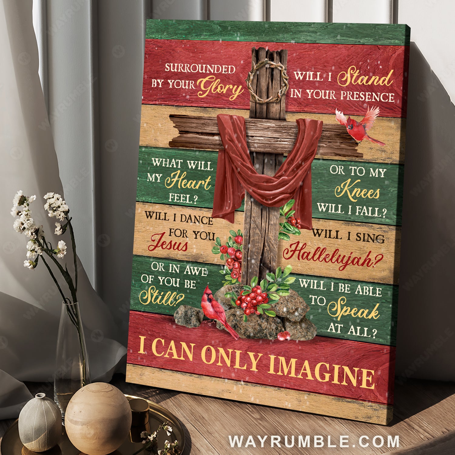 Big cross, Pretty cardinal, Christmas background, I can only imagine - Jesus Portrait Canvas Prints, Home Decor Wall Art