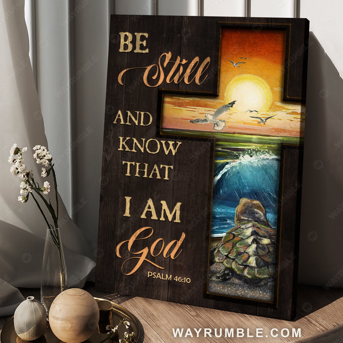 Beautiful cross, Orange sunset, Turtle, Seagull, Be still and know that I am God - Jesus Portrait Canvas Prints, Christian Wall Art