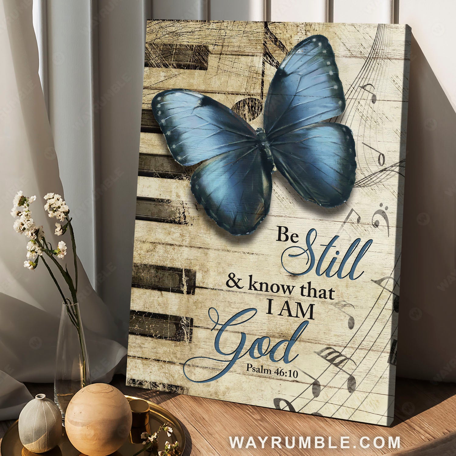Blue butterfly, Piano keys, Music notes, Be still I am God - Jesus Portrait Canvas Prints, Christian Wall Art