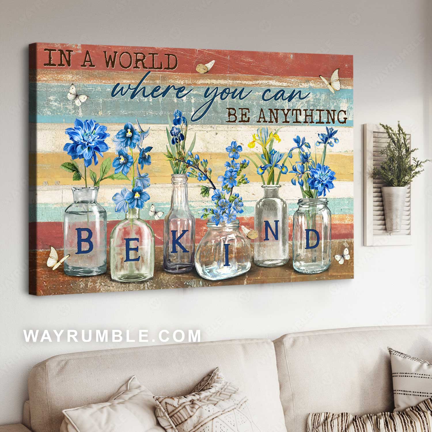 Blue flower drawing, Crystal bottle, In a world where you can be anything - Jesus Landscape Canvas Prints, Home Decor Wall Art
