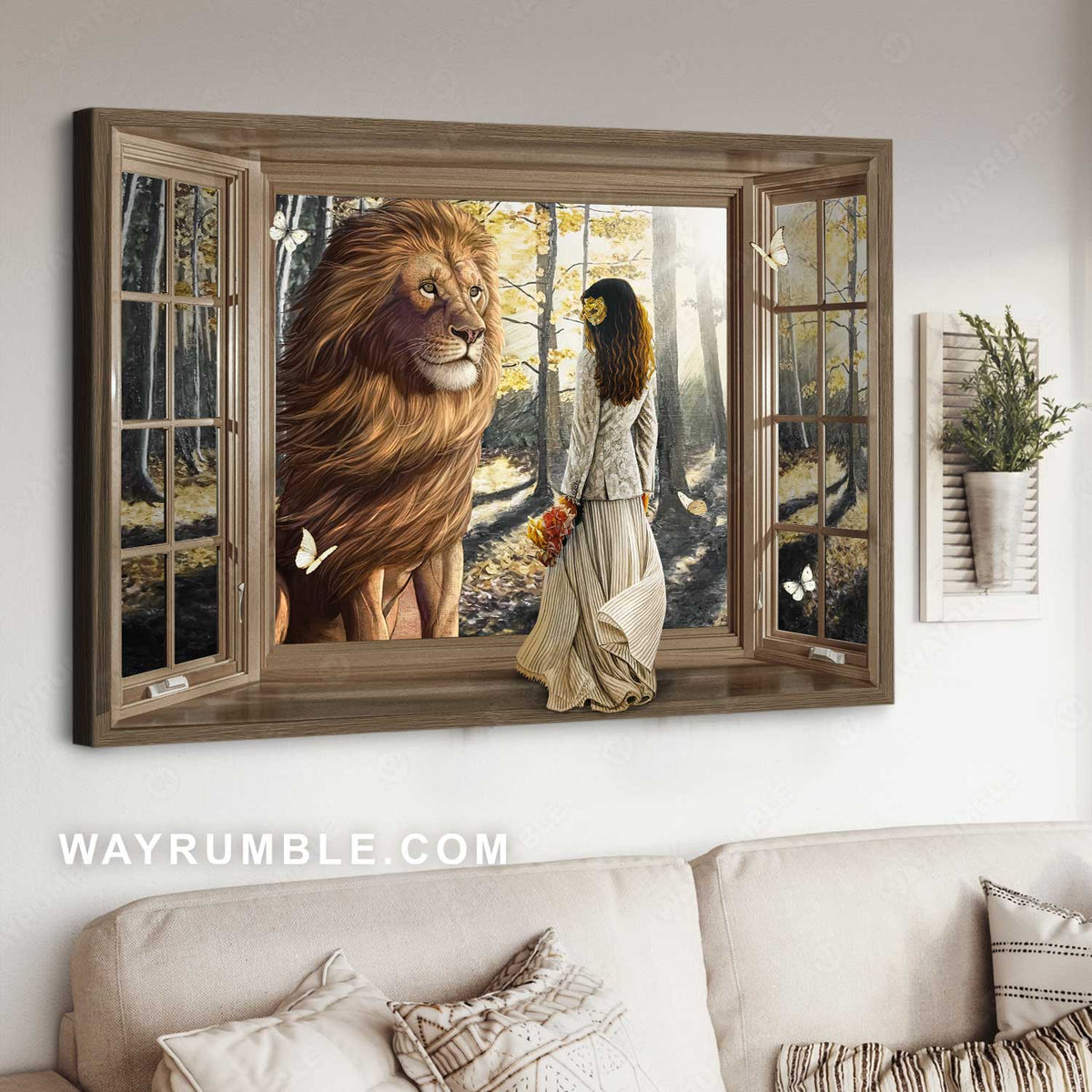 Beautiful lion, Wooden cross, Pretty girl, Sunny day - Jesus Landscape Canvas Prints, Christian Wall Art