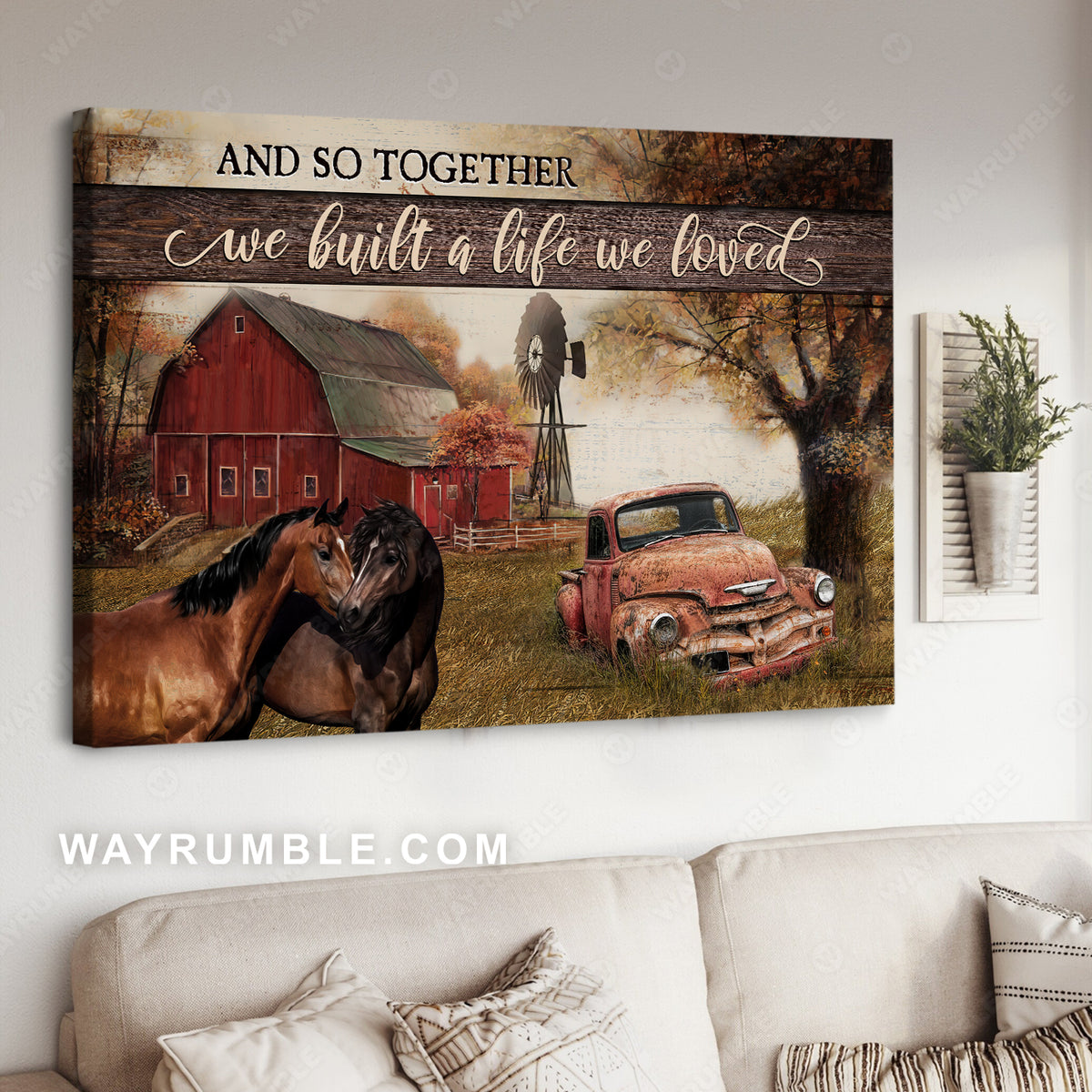 Old ladybug car, Brown horses, Red house, And so together we built a life we loved - Jesus Landscape Canvas Prints, Christian Wall Art