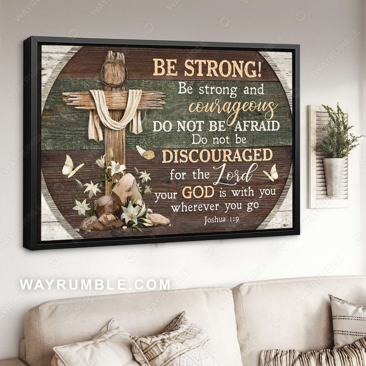 Cross symbol, Crown of thorns, Lily, White butterfly, Be strong and courageous - Jesus Landscape Canvas Prints, Christian Wall Art