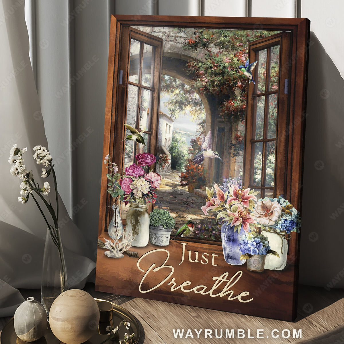 Flower garden, Beautiful scene, Sunlight, Hummingbird, Just breathe - Jesus Portrait Canvas Prints, Christian Wall Art