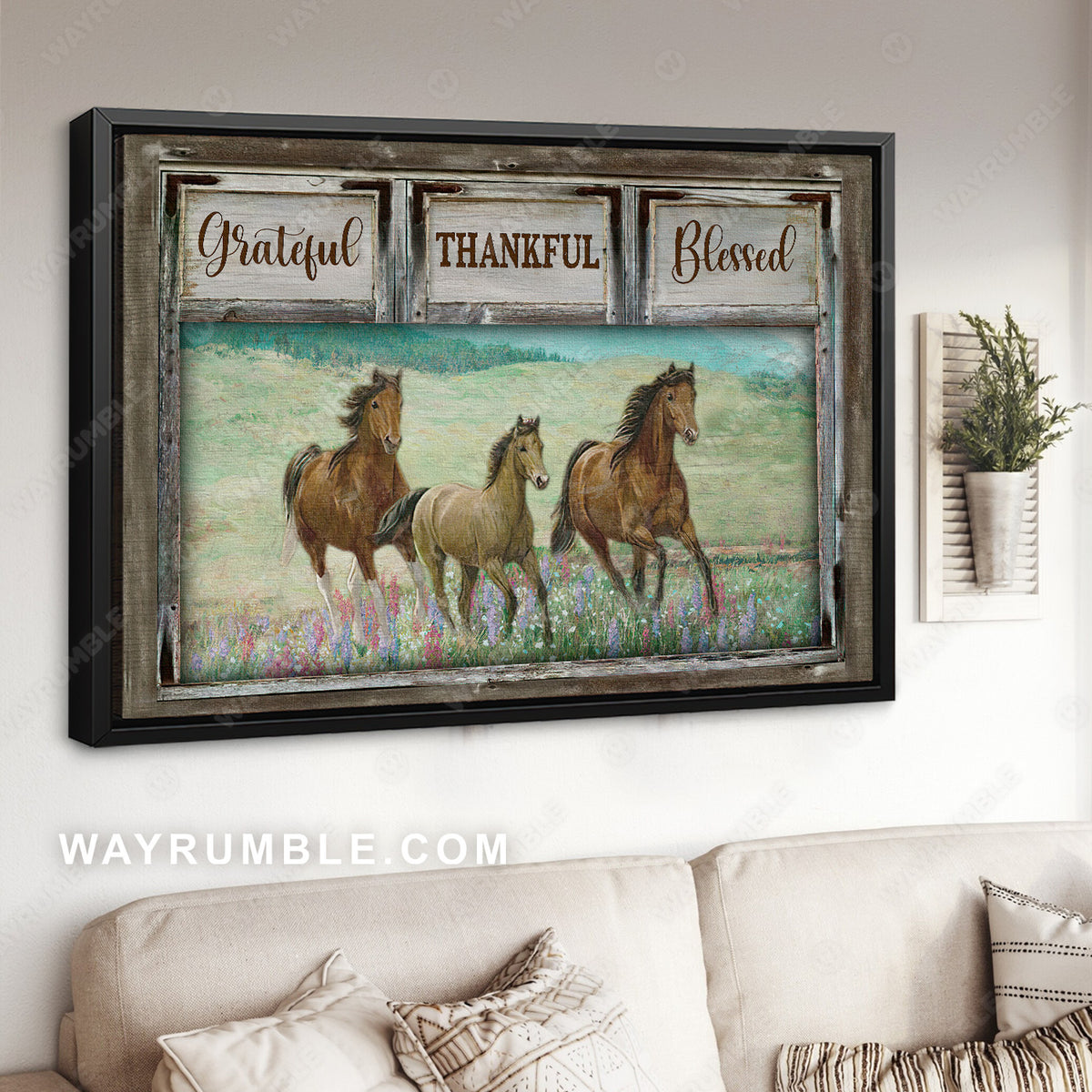 Running horses, Lavender field, Mountain, Grateful, Thankful - Jesus Landscape Canvas Prints, Christian Wall Art