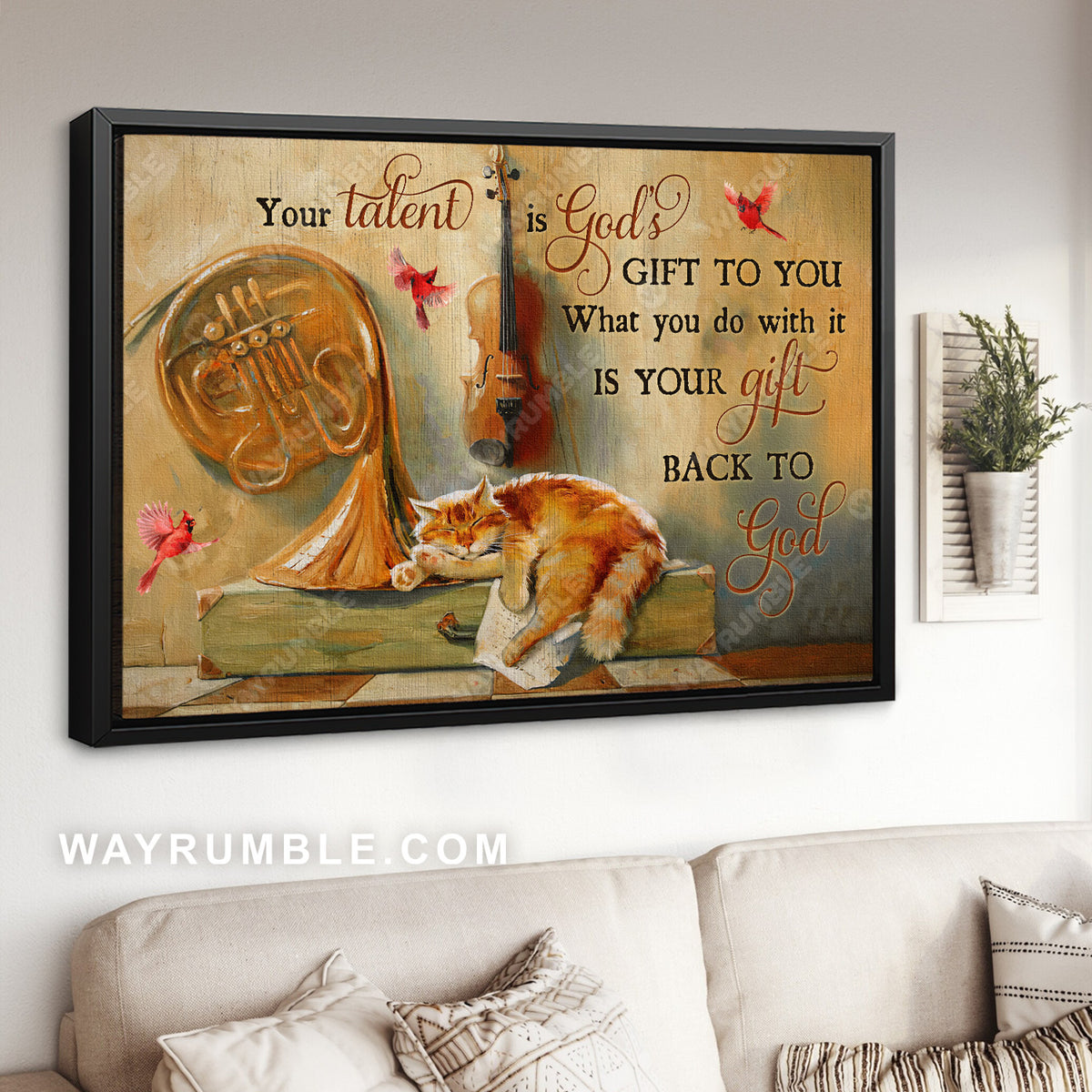 Vintage violin, Sleeping cat, Red cardinal, Your talent is God&#39;s gift to you - Jesus Landscape Canvas Prints, Christian Wall Art