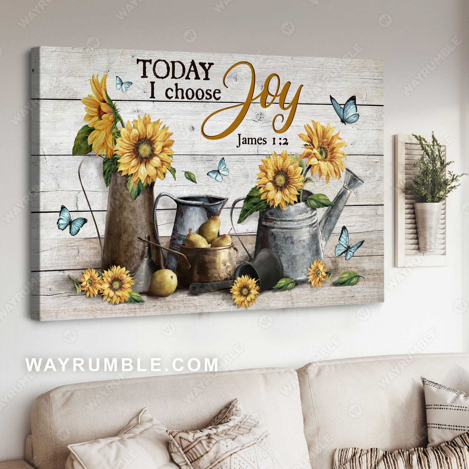 Sunflower, Pear, Watering pot, Blue butterfly, Today I choose joy - Jesus Landscape Canvas Prints, Christian Wall Art