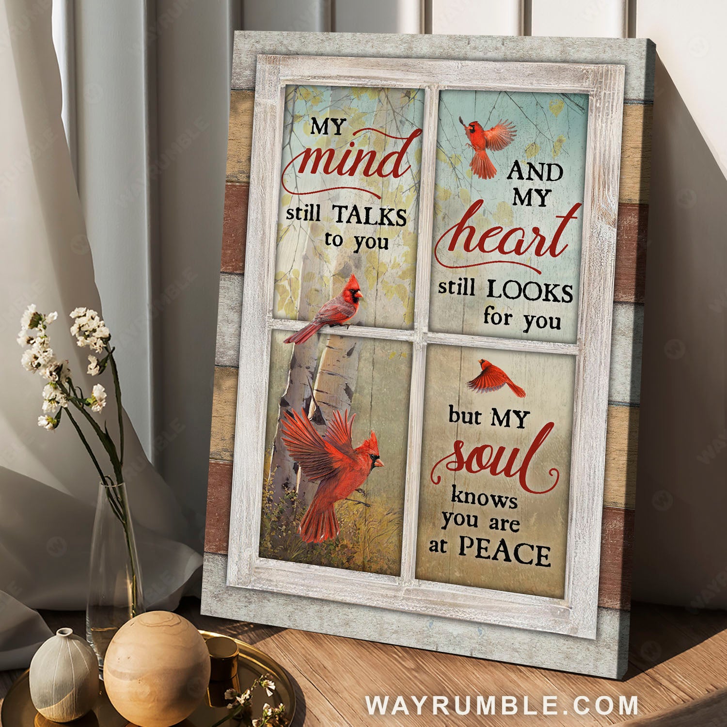 Red cardinals, Autumn tree, My mind still talks to you - Heaven Portrait Canvas Prints, Wall Art