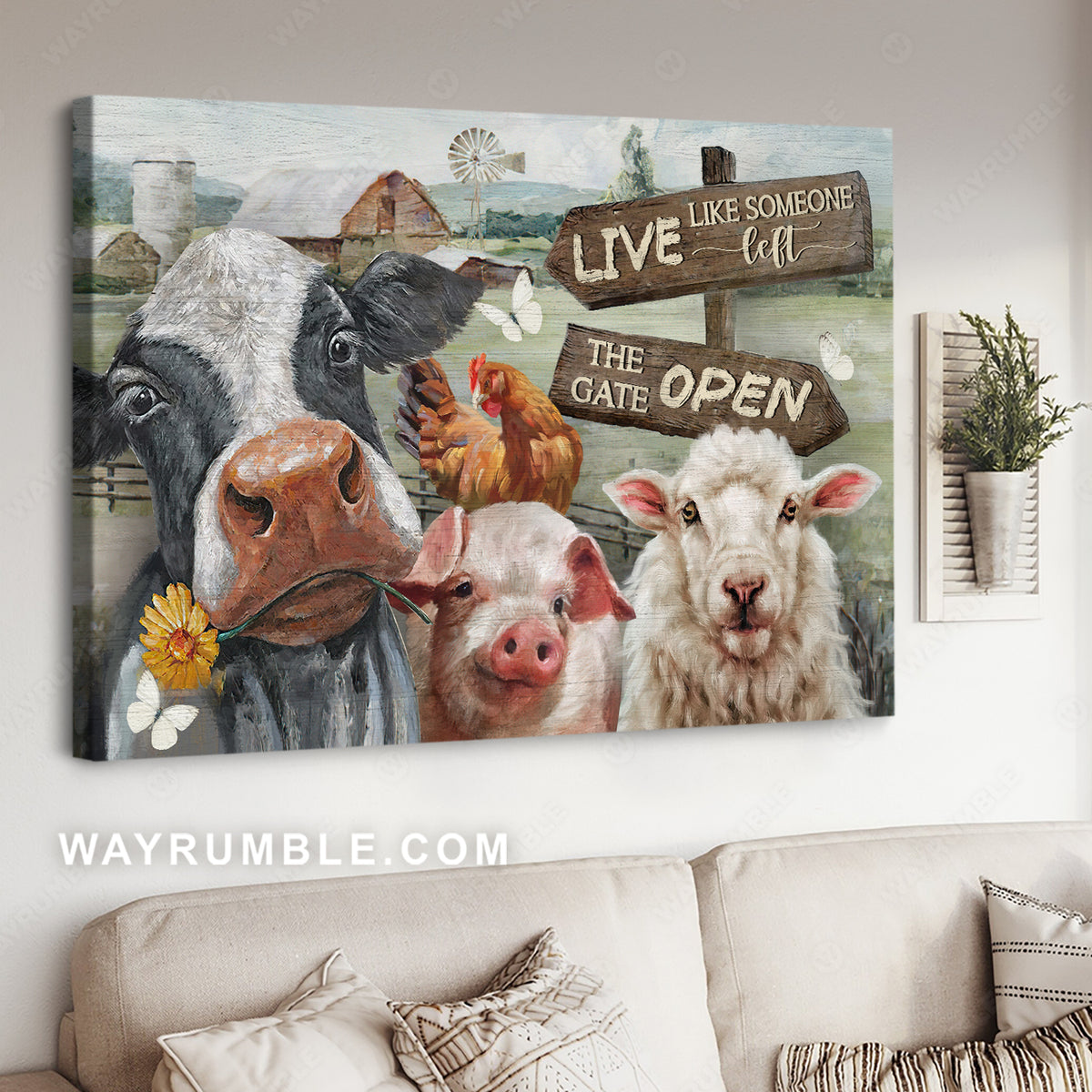 Beautiful dairy cow, White lamb, Farm drawing, Live like someone left the gate open - Jesus Landscape Canvas Prints, Christian Wall Art