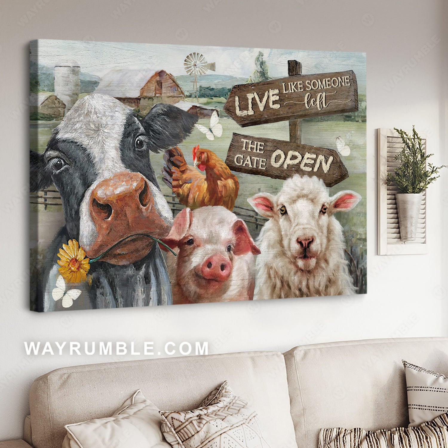 Beautiful dairy cow, White lamb, Farm drawing, Live like someone left the gate open - Jesus Landscape Canvas Prints, Christian Wall Art