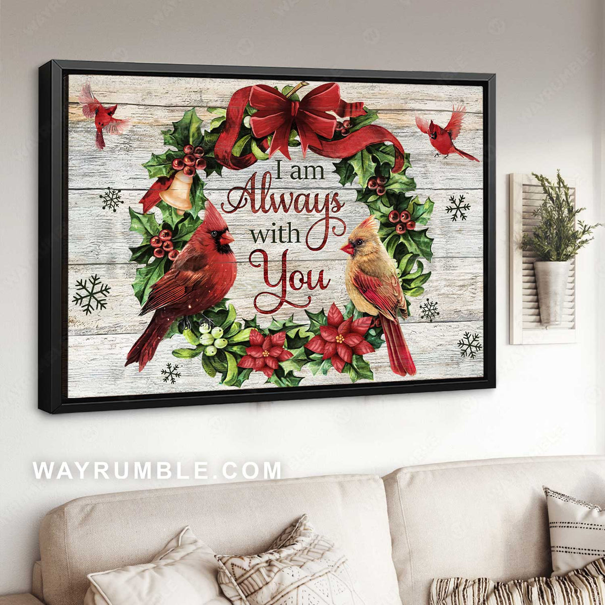 Christmas wreath, Lovely cardinal, Christmas is coming, I am always with you - Jesus Landscape Canvas Prints, Home Decor Wall Art