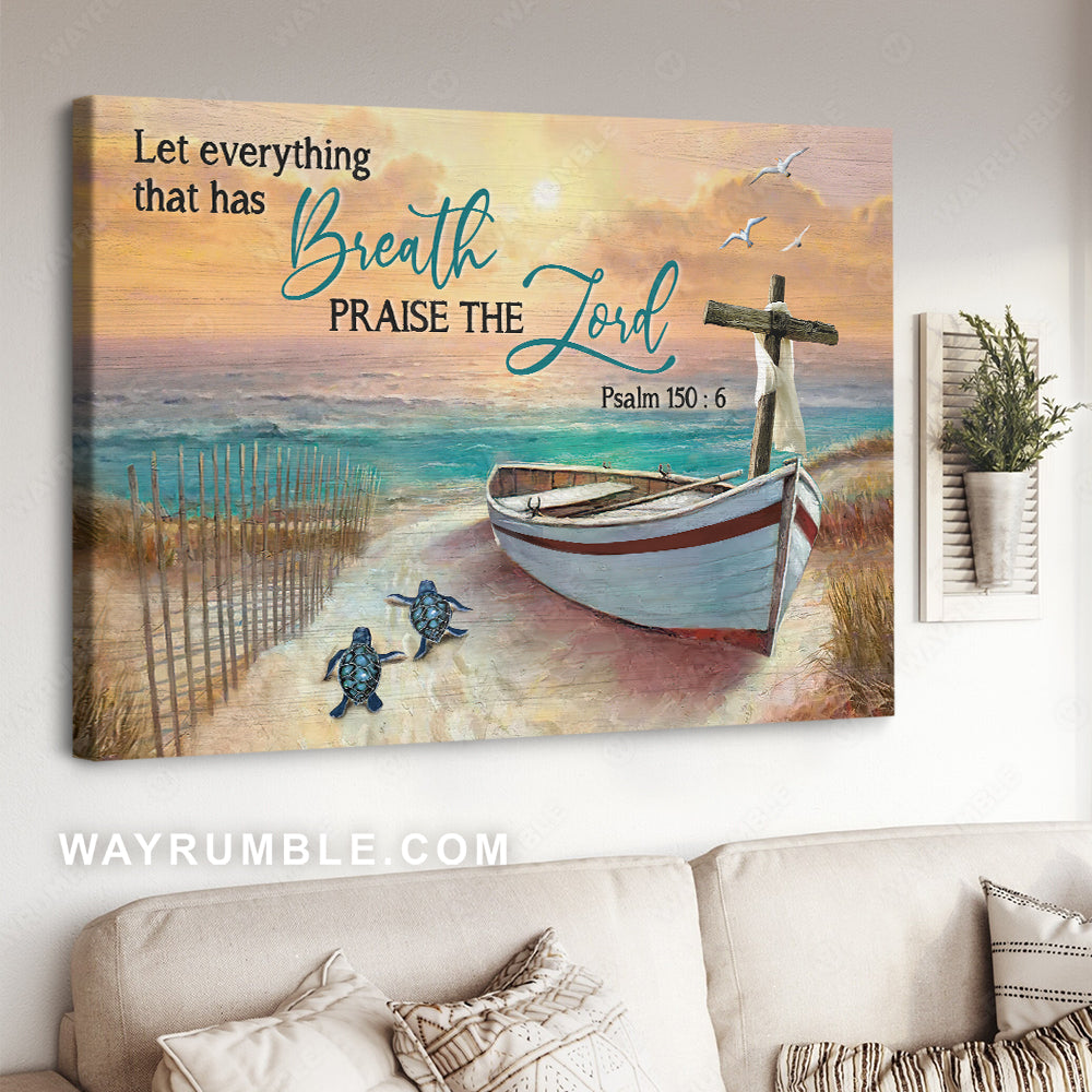 Watercolor boat, Sea turtle, Orange sunset, Cross, Let everything that has breathe - Jesus Landscape Canvas Prints, Christian Wall Art