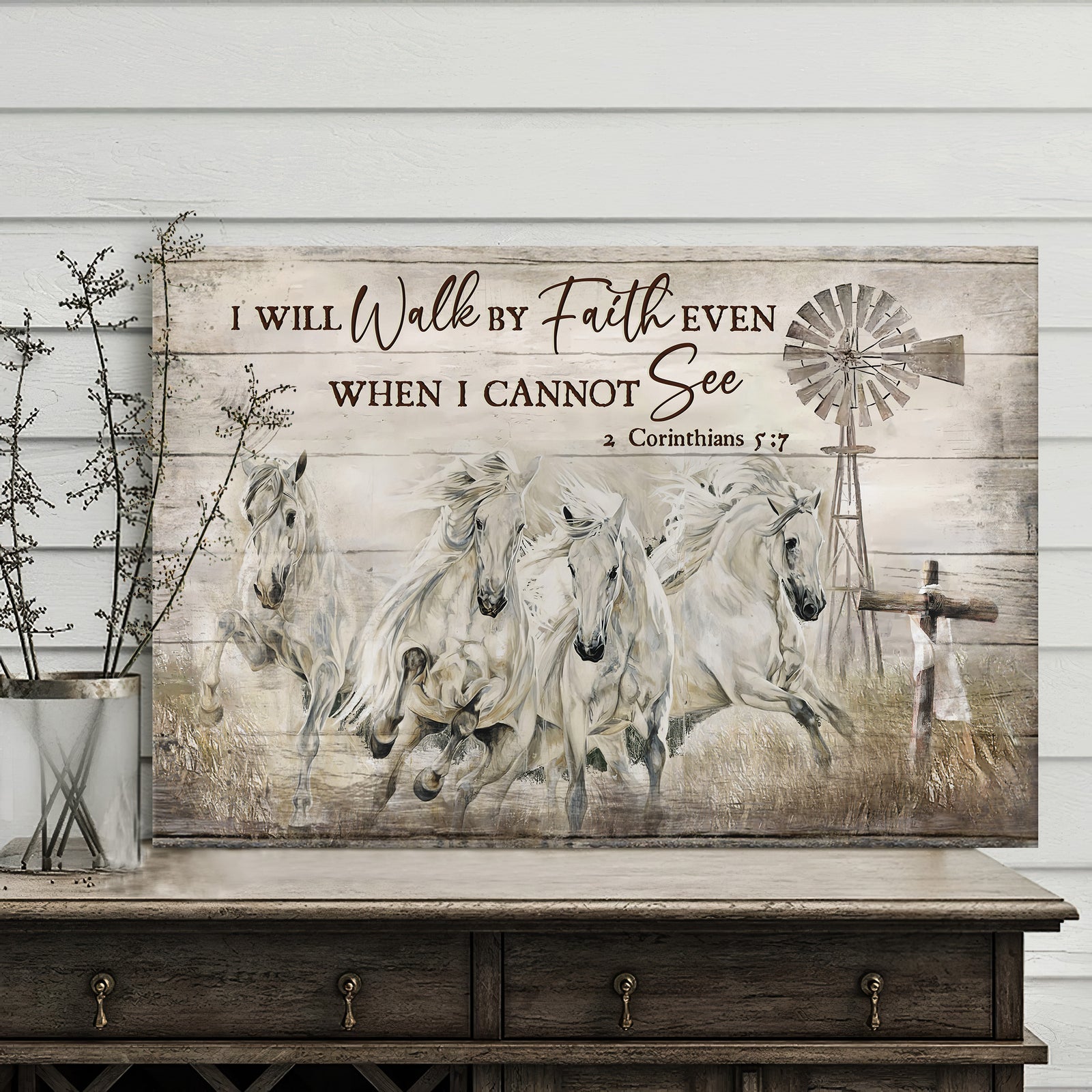White Horses, Wooden Cross, Windmill, I'll walk by faith even when I cannot see - Jesus Landscape Canvas Prints, Wall Art