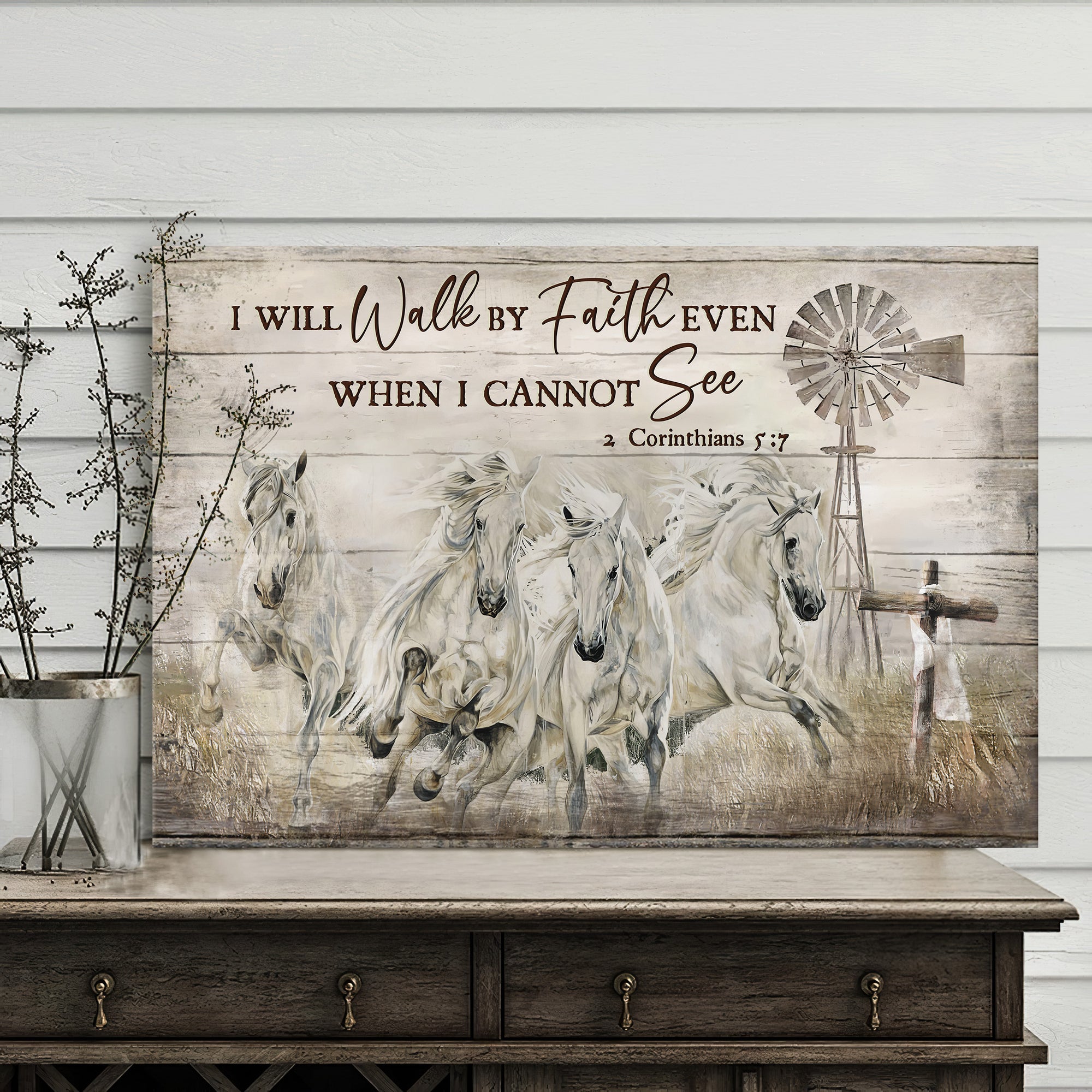 White Horses, Wooden Cross, Windmill, I'll walk by faith even when I cannot see - Jesus Landscape Canvas Prints, Wall Art