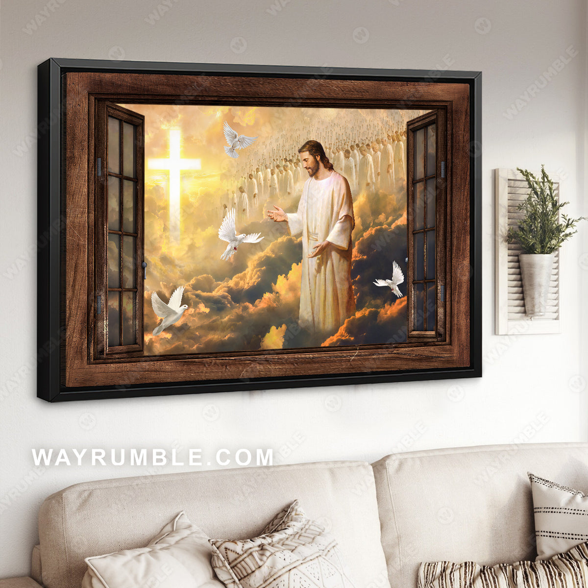 Walking with Jesus, White dove, Beautiful heaven, Cross symbol - Jesus Landscape Canvas Prints, Christian Wall Art