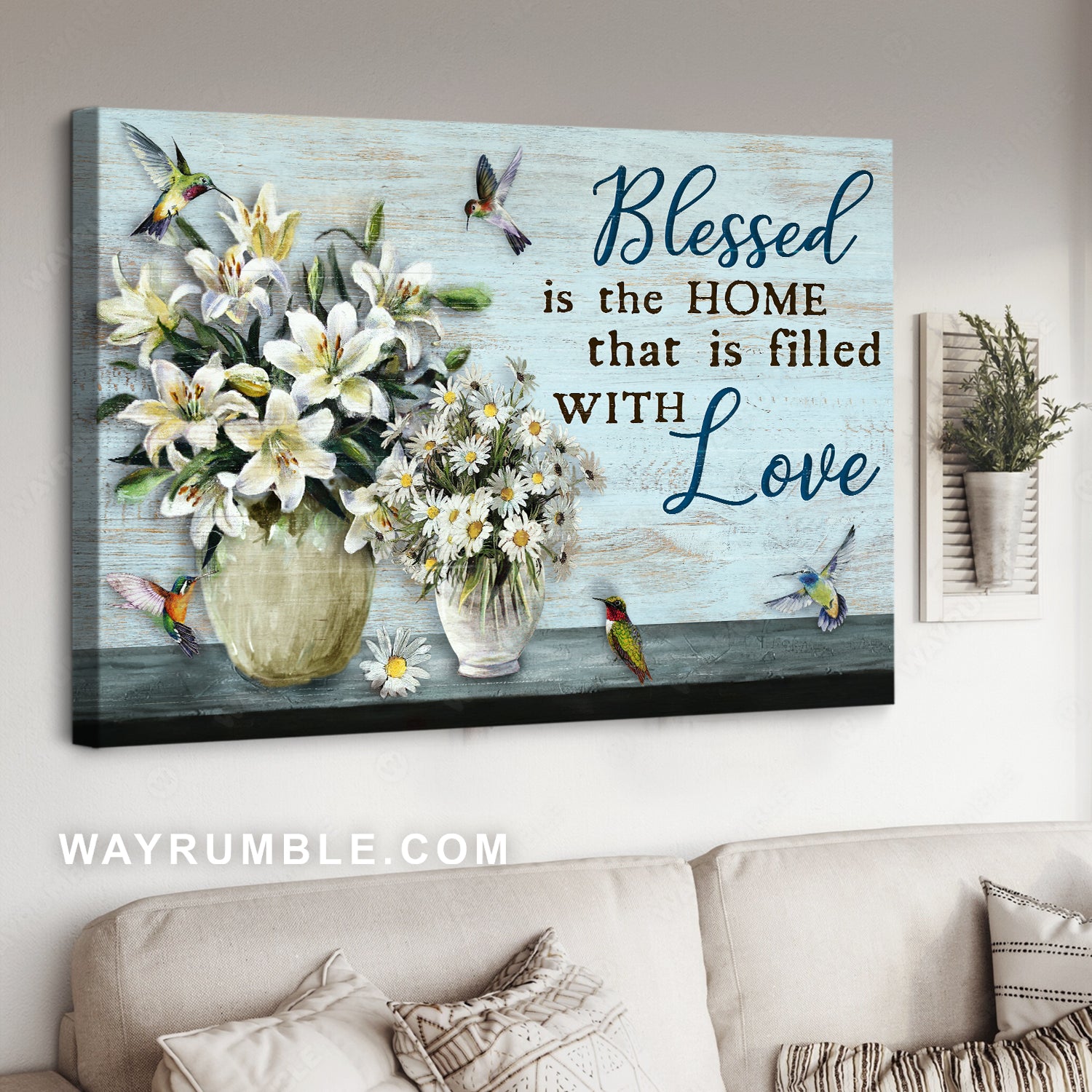 Pretty lily vase, White daisy, Cute hummingbird, Blessed is the home - Jesus Landscape Canvas Prints, Home Decor Wall Art