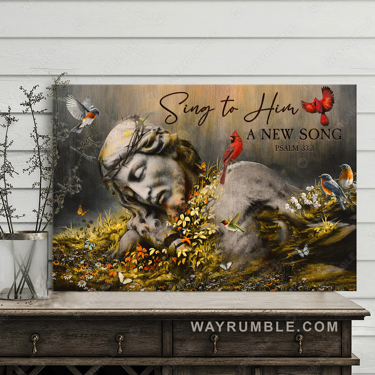 Jesus statue, Sleeping God, Cute birds, Sing to him - Jesus Landscape Canvas Prints, Christian Wall Art